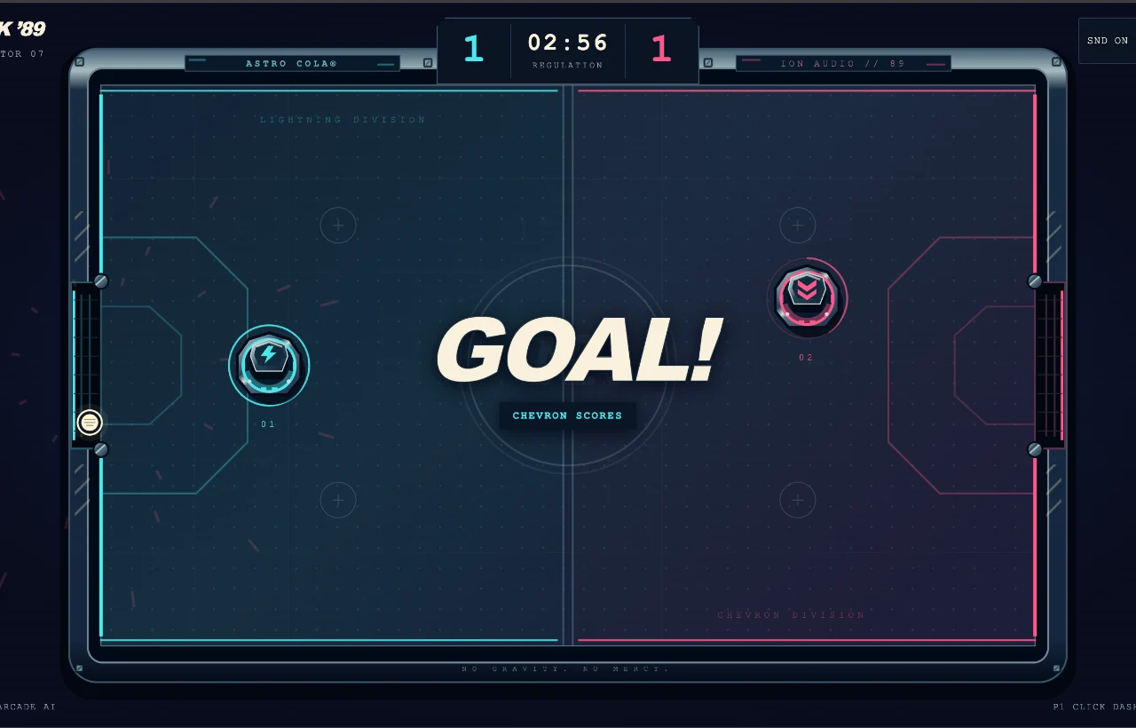 NEON RINK ’89 · Zero-gravity air hockey